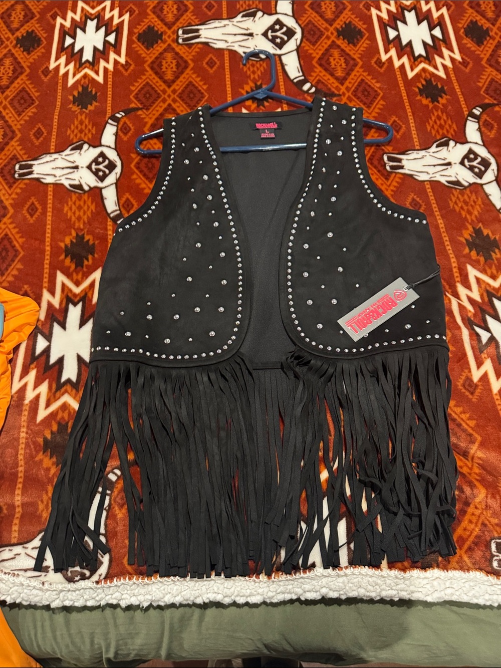 Rock & Roll Denim Black Studded Fringe Vest